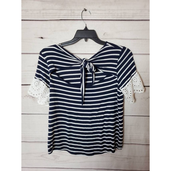 Maurices Womens Blouse Navy White Striped Cutout Tie Back Lace Eyelet Stretch S - Picture 2 of 6